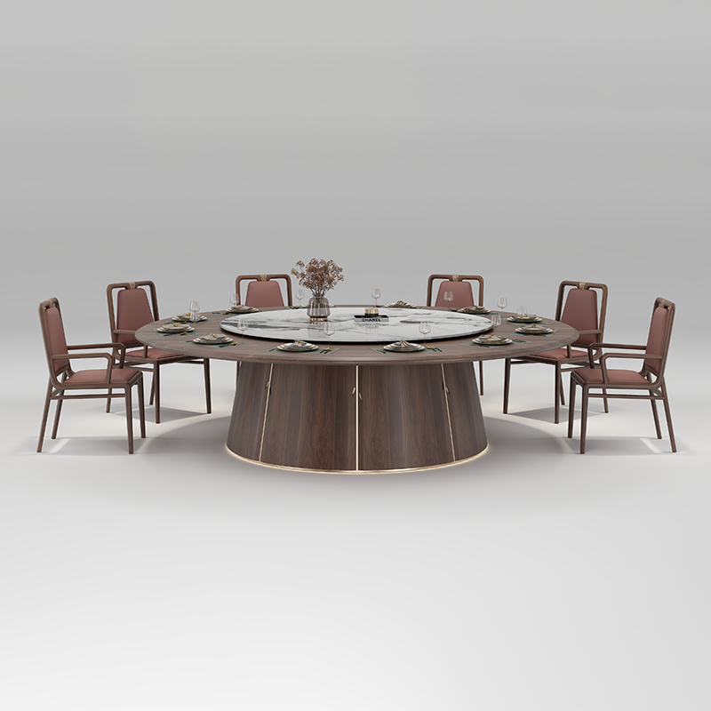 酒店包廂電動餐枱,宴會廳大圓枱,家居電動轉盤餐枱,豪華圓形設計配旋轉轉盤,周圍環繞優雅座椅,置於精緻室內空間,適合高端宴會用餐。Luxury hotel private room electric dining table with rotating turntable, surrounded by elegant chairs in a sophisticated interior, ideal for upscale banquets.electric rotating dining table Hong Kong,luxury sintered stone dining table,