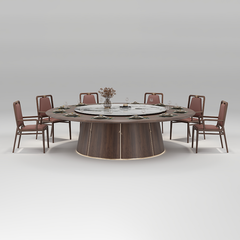 酒店包廂電動餐枱,宴會廳大圓枱,家居電動轉盤餐枱,豪華圓形設計配旋轉轉盤,周圍環繞優雅座椅,置於精緻室內空間,適合高端宴會用餐。Luxury hotel private room electric dining table with rotating turntable, surrounded by elegant chairs in a sophisticated interior, ideal for upscale banquets.electric rotating dining table Hong Kong,luxury sintered stone dining table,