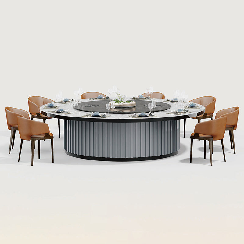 酒店包廂電動餐枱,宴會廳大圓枱,家居電動轉盤餐枱,豪華圓形設計配旋轉轉盤,周圍環繞優雅座椅,置於精緻室內空間,適合高端宴會用餐。Luxury hotel private room electric dining table with rotating turntable, surrounded by elegant chairs in a sophisticated interior, ideal for upscale banquets.electric rotating dining table Hong Kong,luxury sintered stone dining table,