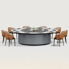 酒店包廂電動餐枱,宴會廳大圓枱,家居電動轉盤餐枱,豪華圓形設計配旋轉轉盤,周圍環繞優雅座椅,置於精緻室內空間,適合高端宴會用餐。Luxury hotel private room electric dining table with rotating turntable, surrounded by elegant chairs in a sophisticated interior, ideal for upscale banquets.electric rotating dining table Hong Kong,luxury sintered stone dining table,