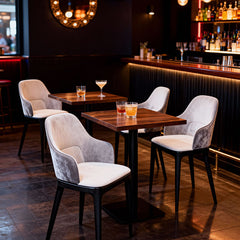 奢華餐廳餐椅設計,輕奢餐椅,多款風格包括棕色皮革扶手椅、木質框架與軟墊座面,置於現代室內環境,提供舒適用餐座位。Luxury restaurant dining chairs in various styles, including brown leather armchairs with wooden frames and cushioned seats in modern settings for comfortable dining.minimalist dining chair hong kong、velvet dining chair、leather armchair cafe.