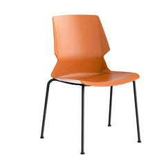 時尚餐桌椅,現代塑料一體成型座椅,搭配金屬或木質腿架。圖中展示藍色雪橇底座、橙色扶手款及黃色木腿款,適合家居或咖啡廳使用。Modern fashionable dining chairs with ergonomic molded plastic seats and metal or wood legs. Shown in blue sled base, orange with arms, and yellow wood legs variants for home or cafe.