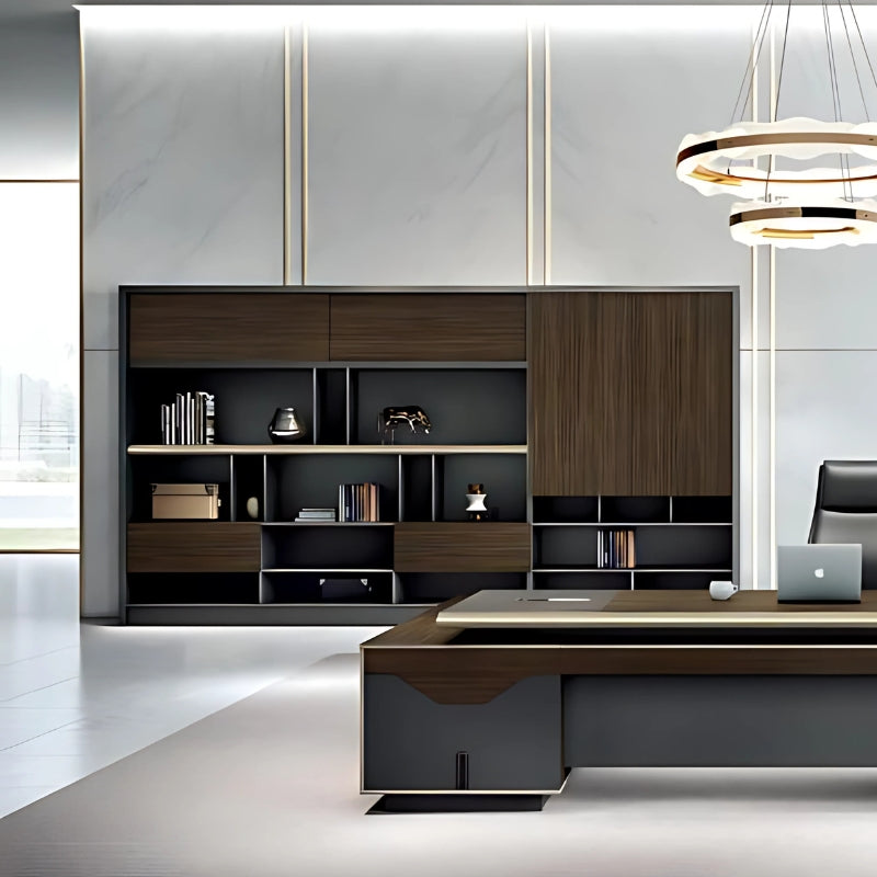 現代辦公室板式文件櫃 Modern office panel file cabinet 木紋灰色設計多層收納抽屜 wood grain gray multi-storage drawers