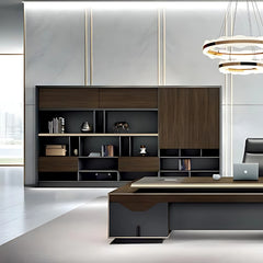 現代辦公室板式文件櫃 Modern office panel file cabinet 木紋灰色設計多層收納抽屜 wood grain gray multi-storage drawers