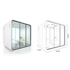 現代靜音辦公艙的多種尺寸展示,包括大型會議艙,和單人電話艙,以渲染圖、線框圖及辦公環境應用呈現,強調隔音與隱私設計。Modern soundproof office pods in various sizes, featuring a large meeting booth,and single-person phone booth, displayed in renders, line drawings, and office settings for acoustic privacy.