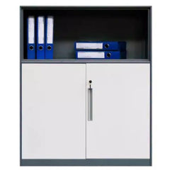 灰白色鋼製文件櫃雙門設計 Grey White steel filing cabinet dual-door design,內部多層隔板存放獎盃文件 adjustable shelves storing trophy files,專業辦公室收納 professional office storage