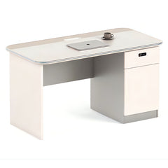 現代工作桌配A形金屬腿設計,白色面板與灰色支架,簡約風格適合香港辦公室傢俱和居家辦公 Contemporary work desk with A-frame metal legs, white top and gray pedestal structure, minimalist design for modern office and home workspace