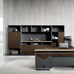 現代辦公室板式文件櫃 Modern office panel file cabinet 木紋灰色設計多層收納抽屜 wood grain gray multi-storage drawers