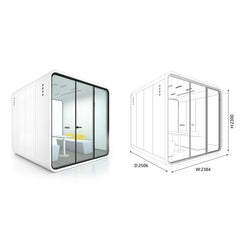 現代靜音辦公艙的多種尺寸展示,包括大型會議艙,和單人電話艙,以渲染圖、線框圖及辦公環境應用呈現,強調隔音與隱私設計。Modern soundproof office pods in various sizes, featuring a large meeting booth,and single-person phone booth, displayed in renders, line drawings, and office settings for acoustic privacy.