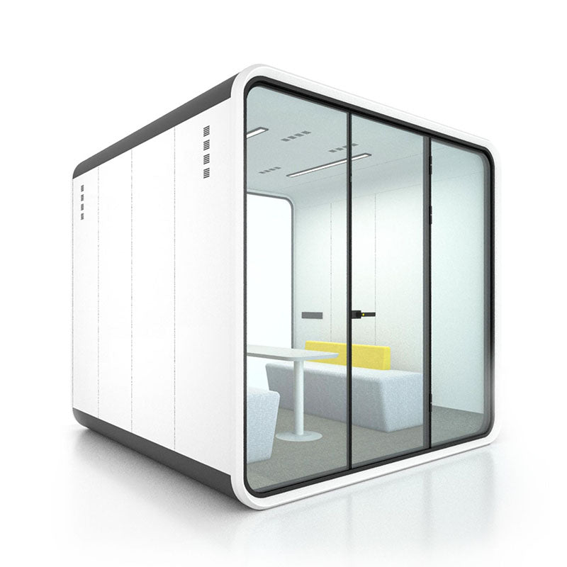 現代靜音辦公艙的多種尺寸展示,包括大型會議艙,和單人電話艙,以渲染圖、線框圖及辦公環境應用呈現,強調隔音與隱私設計。Modern soundproof office pods in various sizes, featuring a large meeting booth,and single-person phone booth, displayed in renders, line drawings, and office settings for acoustic privacy.