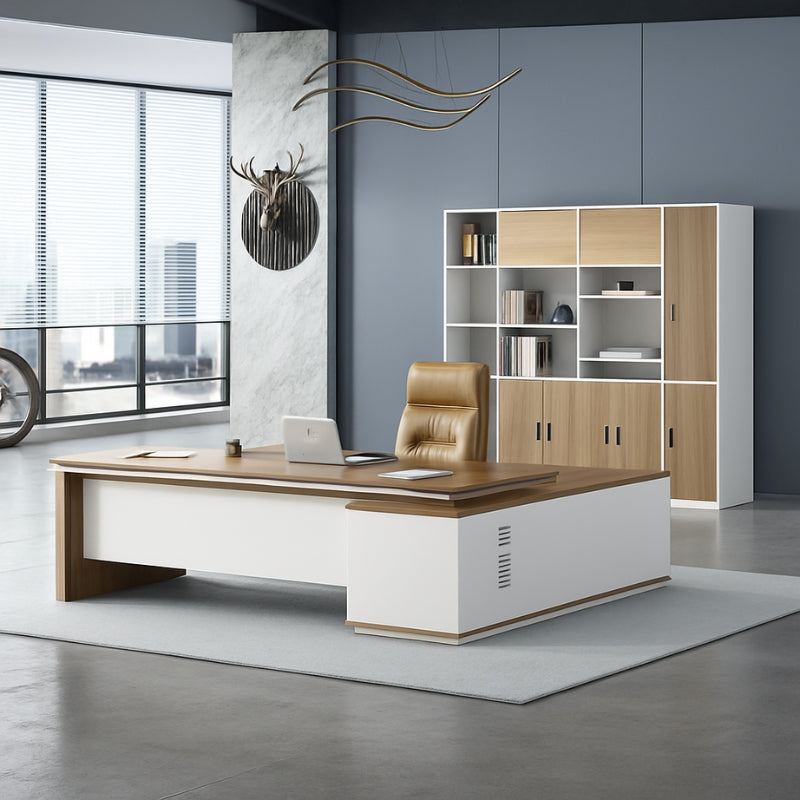 時尚寫字枱配木質面板,融合現代辦公室設計,附儲物架及工作座位,提供人體工學工作環境 Elegant modern office desk with wood panel features and storage shelving, offering ergonomic workspace design for contemporary office environments