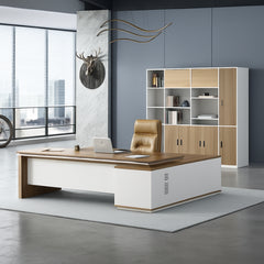 時尚寫字枱配木質面板,融合現代辦公室設計,附儲物架及工作座位,提供人體工學工作環境 Elegant modern office desk with wood panel features and storage shelving, offering ergonomic workspace design for contemporary office environments