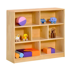 木質收納櫃,中等尺寸雙排設計,原木色櫃體,配備多個開放式層板,放置編織收納盒、書籍和彩色布料,適用於兒童房間和幼兒園教室收納。Medium-sized wooden storage cabinet with dual-section open shelving, natural wood finish featuring woven storage baskets, books and colorful textiles, perfect for children's rooms and classroom storage needs.