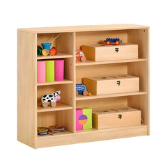 木質收納櫃,中等尺寸雙排設計,原木色櫃體,配備多個開放式層板,放置編織收納盒、書籍和彩色布料,適用於兒童房間和幼兒園教室收納。Medium-sized wooden storage cabinet with dual-section open shelving, natural wood finish featuring woven storage baskets, books and colorful textiles, perfect for children's rooms and classroom storage needs.