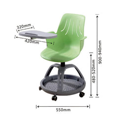 智慧教室多功能培訓椅,配備輪滑底座、翻轉書架、可調式記事板,白色座椅搭配彩色座墊設計。該培訓椅具有靈活性,適用於課堂討論、小組合作、互動教學等多種學習場景。整體設計簡潔現代,集成度高,提升課堂教學效率。Smart classroom multi-functional training chair with wheeled base, flip-around bookshelf, and adjustable writing tablet. Features white shell seat with colorful cushion options. Ideal for collaborative learning, group discussions, and interactive teaching. Modern, integrated design that enhances classroom efficiency and student engagement.