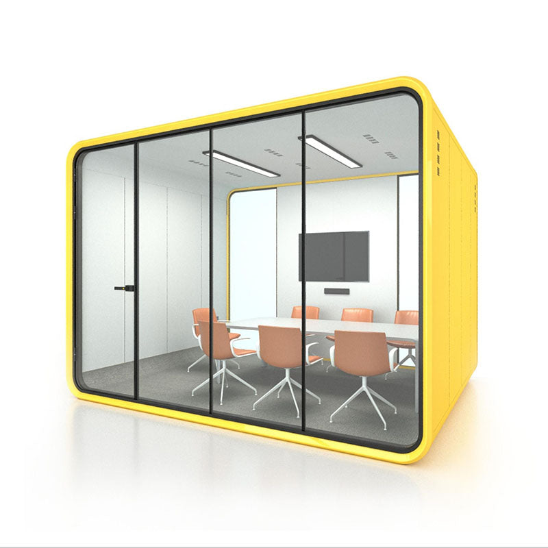 現代靜音辦公艙的多種尺寸展示,包括大型會議艙,和單人電話艙,以渲染圖、線框圖及辦公環境應用呈現,強調隔音與隱私設計。Modern soundproof office pods in various sizes, featuring a large meeting booth,and single-person phone booth, displayed in renders, line drawings, and office settings for acoustic privacy.