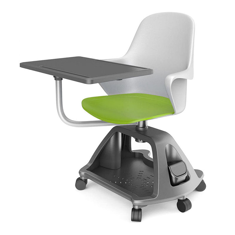 智慧教室多功能培訓椅,配備輪滑底座、翻轉書架、可調式記事板,白色座椅搭配彩色座墊設計。該培訓椅具有靈活性,適用於課堂討論、小組合作、互動教學等多種學習場景。整體設計簡潔現代,集成度高,提升課堂教學效率。Smart classroom multi-functional training chair with wheeled base, flip-around bookshelf, and adjustable writing tablet. Features white shell seat with colorful cushion options. Ideal for collaborative learning, group discussions, and interactive teaching. Modern, integrated design that enhances classroom efficiency and student engagement.