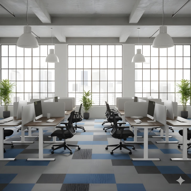 電動升降辦公桌,雙人背靠背設計,白色桌面配黑色隱私隔板與可調高度柱腳,適合開放式辦公環境 Dual back-to-back electric height adjustable standing desk with white tabletop, black privacy divider, and adjustable legs for shared office spaces