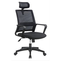 黑色中背網布辦公椅,黑色扶手和座墊,人體工學支撐,360度旋轉輪椅,透氣網布材質,適用於現代辦公室 Black mesh back office task chair with padded seat, ergonomic support, 360-degree swivel casters, breathable mesh, suitable for contemporary offices and remote work spaces