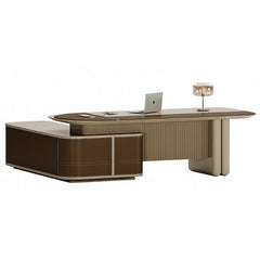 現代豪華總裁辦公桌配米金色飾面及LED燈帶、白色高背主管椅,開放式空間搭配展示櫃營造高端商務氛圍Modern luxury executive desk with beige-gold finish and LED lighting, white high-back chair in open-plan space with display cabinets for premium business ambiance