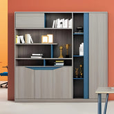 辦公室多功能文件儲物櫃 - 灰木板材藍色裝飾條設計,開放格架展示收納,封閉櫃門私密存放 | Modern office storage cabinet with grey wood finish, blue accents, open shelves & closed compartments