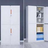 白色鋼製文件櫃雙門設計 White steel filing cabinet dual-door design,內部多層隔板存放獎盃文件 adjustable shelves storing trophy files,專業辦公室收納 professional office storage