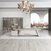 時尚寫字枱配木質面板,融合現代辦公室設計,附儲物架及工作座位,提供人體工學工作環境 Elegant modern office desk with wood panel features and storage shelving, offering ergonomic workspace design for contemporary office environments