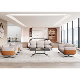 現代簡約客廳內的時尚雙色休閑沙發組合,米灰色頂部與橙色底部設計,搭配黑色茶几,明亮空間展現優雅品味。Modern two-tone lounge sofa set with beige upper and orange base in contemporary living room with black coffee table.