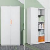 白色鋼製文件櫃雙門設計 White steel filing cabinet dual-door design,內部多層隔板存放獎盃文件 adjustable shelves storing trophy files,專業辦公室收納 professional office storage