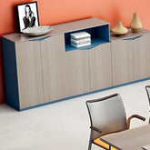 辦公室多功能文件儲物櫃 - 灰木板材藍色裝飾條設計,開放格架展示收納,封閉櫃門私密存放 | Modern office storage cabinet with grey wood finish, blue accents, open shelves & closed compartments