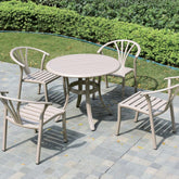 全鋁圓桌配四張鋁椅,設計簡約,適合戶外咖啡廳、平台。Outdoor round aluminium table and chairs set, ideal for Hong Kong patio and café.