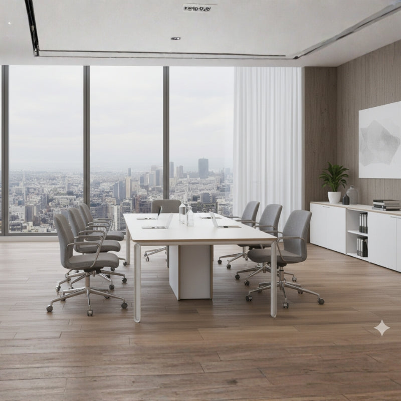 簡約會議空間展示白框木面會議桌配藍色座墊人體工學椅、筆電及裝飾植栽,城市景觀窗增添開闊感Minimalist conference space featuring white-frame wood-top table with blue-seat ergonomic chairs, laptop and decorative plants, city view windows