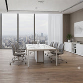 簡約會議空間展示白框木面會議桌配藍色座墊人體工學椅、筆電及裝飾植栽,城市景觀窗增添開闊感Minimalist conference space featuring white-frame wood-top table with blue-seat ergonomic chairs, laptop and decorative plants, city view windows