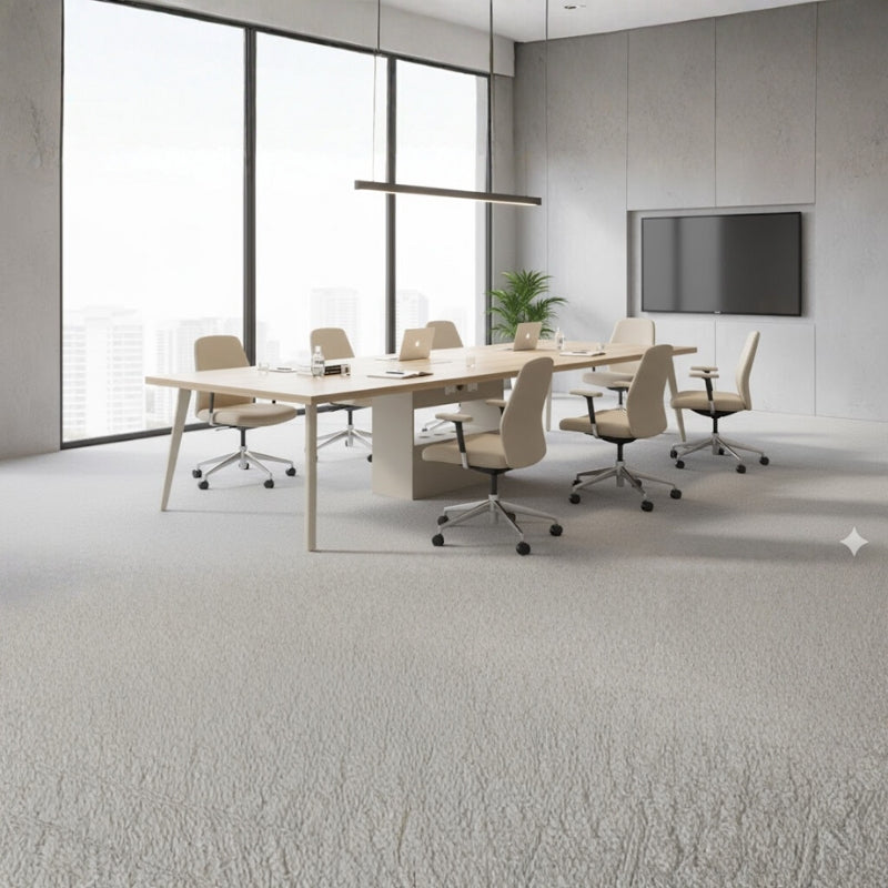 現代辦公會議室配原木色會議桌、白色人體工學椅及收納櫃,落地窗外雪景提升空間明亮度與舒適感Contemporary conference room featuring wood-grain table with integrated power outlets, mesh-back seating and wooden slatted privacy screen