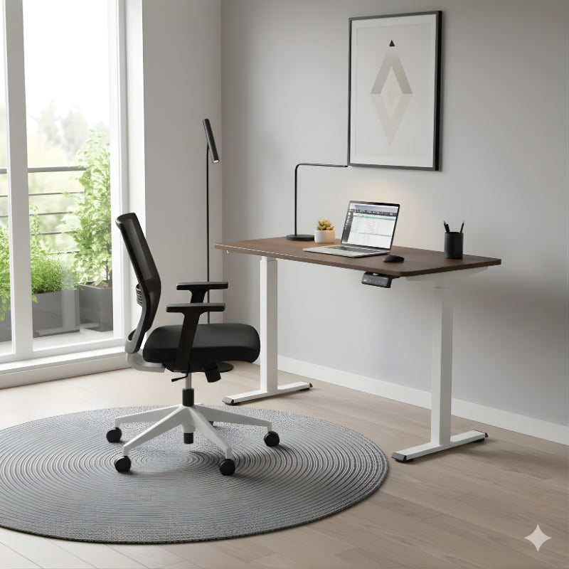 電動升降辦公桌,雙人背靠背設計,白色桌面配黑色隱私隔板與可調高度柱腳,適合開放式辦公環境 Dual back-to-back electric height adjustable standing desk with white tabletop, black privacy divider, and adjustable legs for shared office spaces