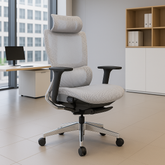 人體工學椅,灰色網布設計,帶頭枕與可調扶手,現代辦公椅適合久坐支撐背部。Ergonomic office chair with grey mesh, headrest, adjustable armrests, modern design for back support.