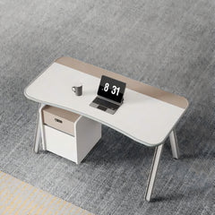 現代工作桌配A形金屬腿設計,白色面板與灰色支架,簡約風格適合香港辦公室傢俱和居家辦公 Contemporary work desk with A-frame metal legs, white top and gray pedestal structure, minimalist design for modern office and home workspace