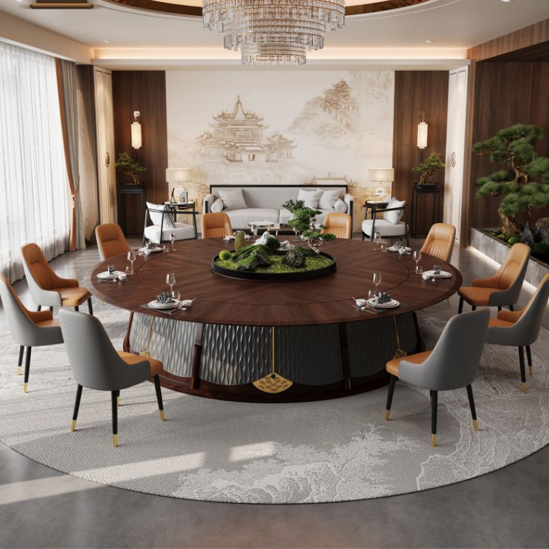 新中式豪華電動轉盤餐桌,圓形大理石桌面搭配皮革或絨布餐椅,8-12人位設計,適合高檔餐廳及宴會廳使用,典雅時尚 Luxury Chinese-style round dining table with electric lazy Susan, marble top and leather or fabric chairs, seats 8-12, ideal for upscale restaurants and banquet halls, elegant and stylish