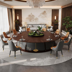 新中式豪華電動轉盤餐桌,圓形大理石桌面搭配皮革或絨布餐椅,8-12人位設計,適合高檔餐廳及宴會廳使用,典雅時尚 Luxury Chinese-style round dining table with electric lazy Susan, marble top and leather or fabric chairs, seats 8-12, ideal for upscale restaurants and banquet halls, elegant and stylish