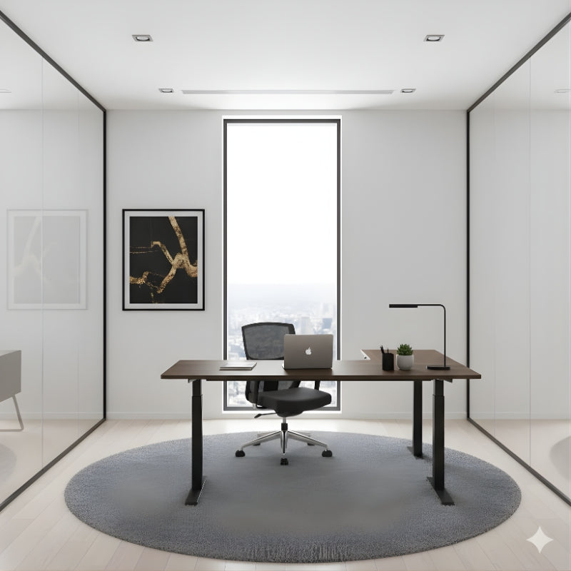 電動升降辦公桌,雙人背靠背設計,白色桌面配黑色隱私隔板與可調高度柱腳,適合開放式辦公環境 Dual back-to-back electric height adjustable standing desk with white tabletop, black privacy divider, and adjustable legs for shared office spaces