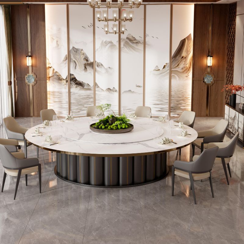 新中式豪華電動轉盤餐桌,圓形大理石桌面搭配皮革或絨布餐椅,8-12人位設計,適合高檔餐廳及宴會廳使用,典雅時尚 Luxury Chinese-style round dining table with electric lazy Susan, marble top and leather or fabric chairs, seats 8-12, ideal for upscale restaurants and banquet halls, elegant and stylish