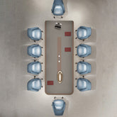 企業會議室展示大型會議桌配藍灰色座椅、現代照明系統及城市景觀窗,適合高階商務洽談與決策會議Corporate conference room showcasing large meeting table with blue-gray seating, modern lighting system and cityscape windows for executive meetings