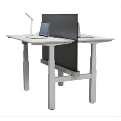 電動升降辦公桌,雙人背靠背設計,白色桌面配黑色隱私隔板與可調高度柱腳,適合開放式辦公環境 Dual back-to-back electric height adjustable standing desk with white tabletop, black privacy divider, and adjustable legs for shared office spaces