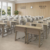 高級鋁合金課桌椅現代教室佈置,多套學生桌椅整齐排列,採用人體工學設計,適合學校培訓課室傢俬。Premium aluminum alloy school desk and chair set displayed in modern classroom layout, ergonomic design for students learning environment.