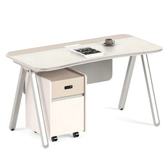 現代工作桌配A形金屬腿設計,白色面板與灰色支架,簡約風格適合香港辦公室傢俱和居家辦公 Contemporary work desk with A-frame metal legs, white top and gray pedestal structure, minimalist design for modern office and home workspace