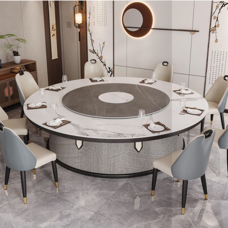 新中式豪華電動轉盤餐桌,圓形大理石桌面搭配皮革或絨布餐椅,8-12人位設計,適合高檔餐廳及宴會廳使用,典雅時尚 Luxury Chinese-style round dining table with electric lazy Susan, marble top and leather or fabric chairs, seats 8-12, ideal for upscale restaurants and banquet halls, elegant and stylish