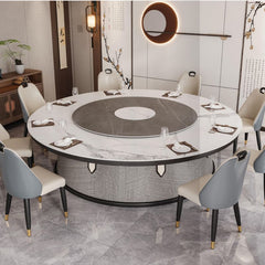 新中式豪華電動轉盤餐桌,圓形大理石桌面搭配皮革或絨布餐椅,8-12人位設計,適合高檔餐廳及宴會廳使用,典雅時尚 Luxury Chinese-style round dining table with electric lazy Susan, marble top and leather or fabric chairs, seats 8-12, ideal for upscale restaurants and banquet halls, elegant and stylish