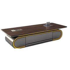 豪華弧形會議桌配中央電源系統,金色金屬邊框搭配流線型底座設計,打造高端商務空間Luxury curved conference table with central power system, gold metal trim and streamlined base design for premium business space