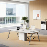 簡約辦公室會議桌正面圖,淺木色背景白色會議檯,現代辦公傢俱設計,適合香港寫字樓    Minimalist office meeting table front view, white conference desk with wood accent wall, modern workspace furniture