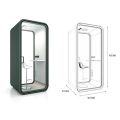 現代靜音辦公艙的多種尺寸展示,包括大型會議艙,和單人電話艙,以渲染圖、線框圖及辦公環境應用呈現,強調隔音與隱私設計。Modern soundproof office pods in various sizes, featuring a large meeting booth,and single-person phone booth, displayed in renders, line drawings, and office settings for acoustic privacy.